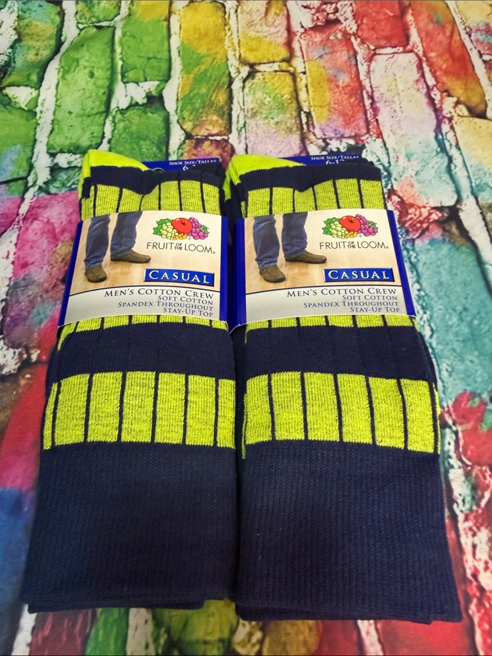 Fruit of the Loom Men's Crew Socks - Navy and Neon Yellow